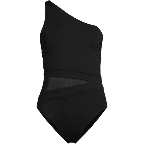 Land's End Smoothing Mesh One Piece Swimsuit One shoulder Soft cup Black Various - Picture 1 of 11